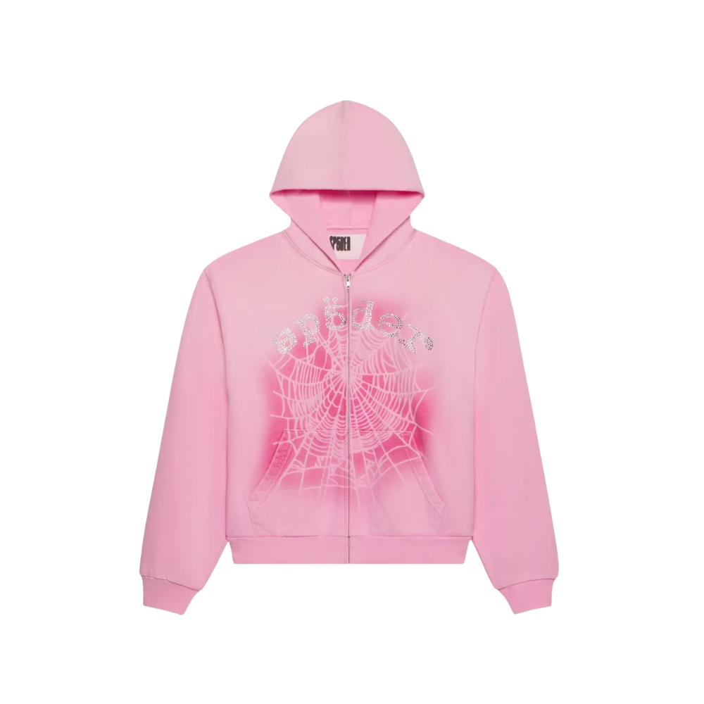 Sp5der OG web spray zip hoodie light pink