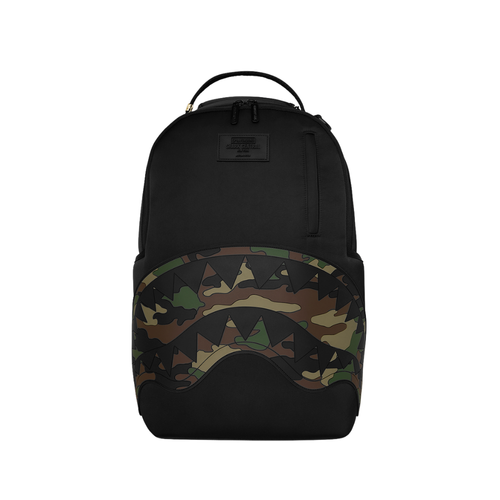 Sprayground Shark Central Black Nylon Camo Embossed Shark DLXSR Backpack