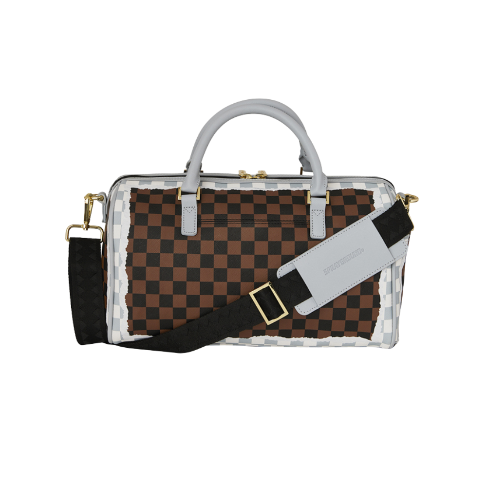 Sprayground Cream And Brown Tear Check Mini Duffle Bag