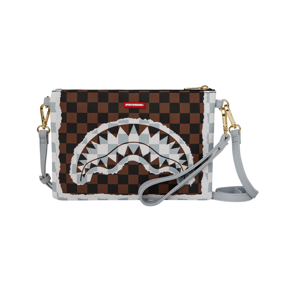 Sprayground Cream And Brown Tear Check Crossover Clutch