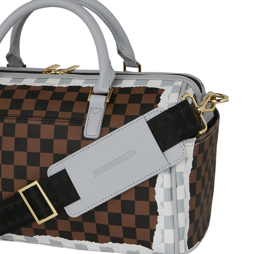 Sprayground Cream And Brown Tear Check Mini Duffle Bag