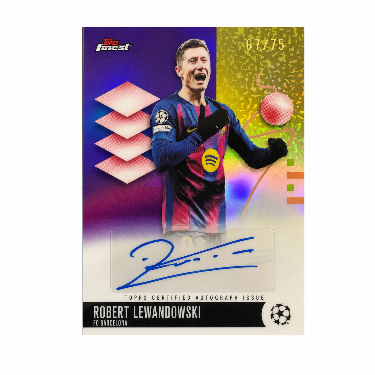 2025/26 Topps Finest UEFA Club Competitions Robert Lewandowski Gold Refractor Autograph #67/75 BA-RL