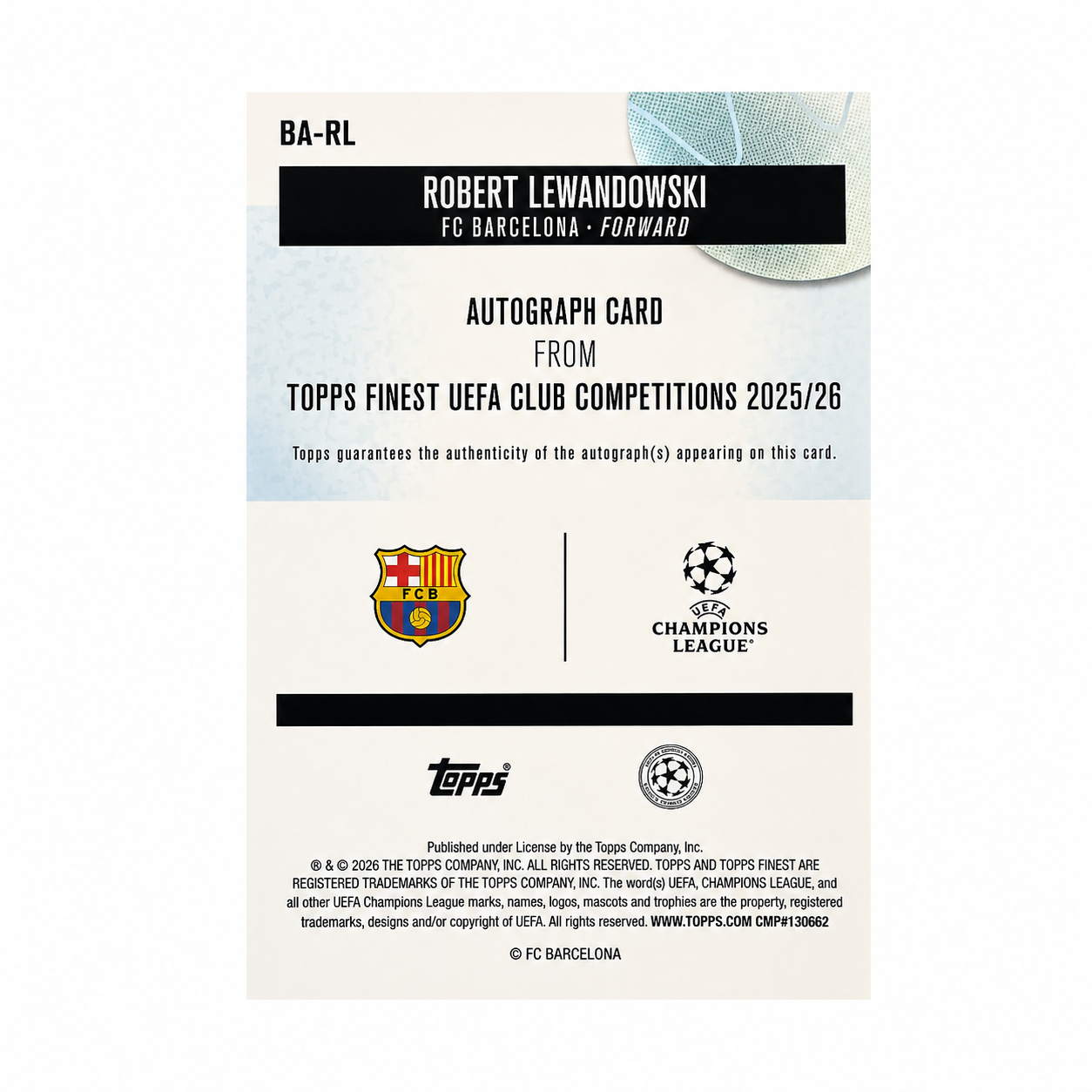 2025/26 Topps Finest UEFA Club Competitions Robert Lewandowski Gold Refractor Autograph #67/75 BA-RL