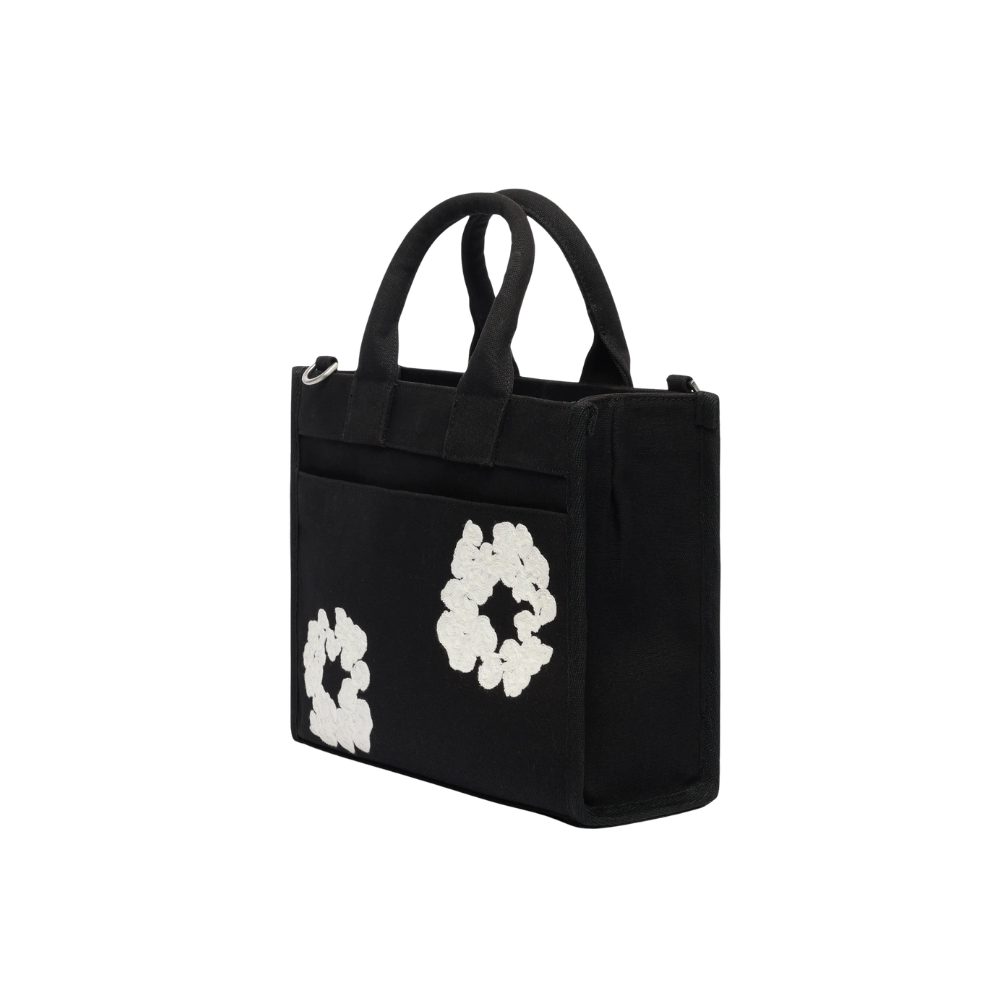 Denim Tears Cotton Wreath Embroidered Canvas Black & White Bag Small – Natural Cotton Canvas