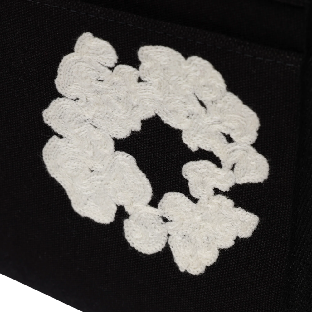 Denim Tears Cotton Wreath Embroidered Canvas Black & White Bag Small – Natural Cotton Canvas