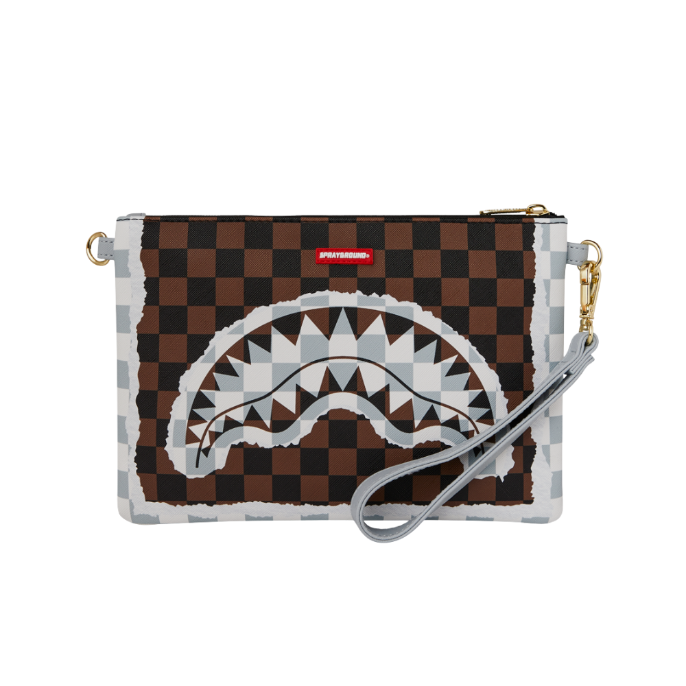 Sprayground Cream And Brown Tear Check Crossover Clutch