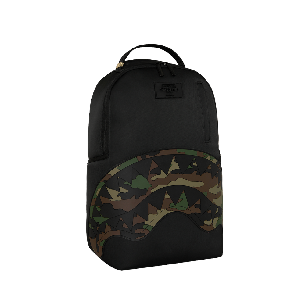 Sprayground Shark Central Black Nylon Camo Embossed Shark DLXSR Backpack