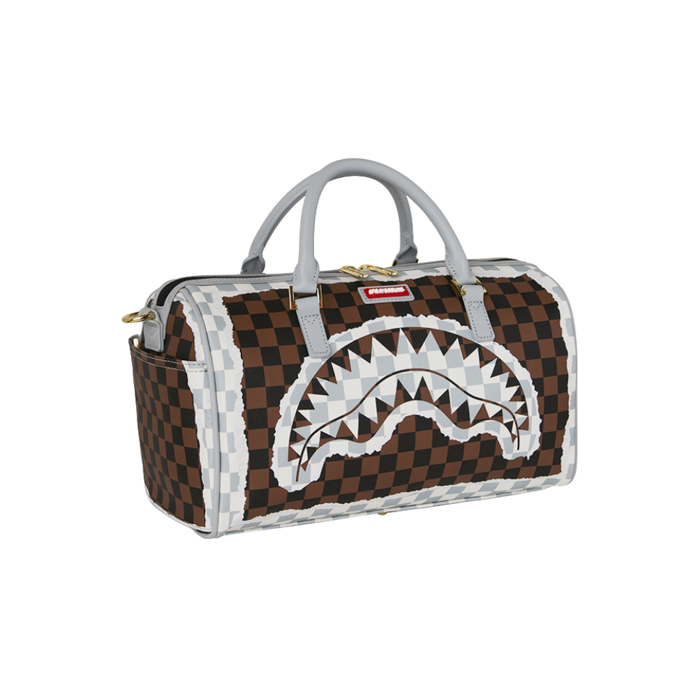 Sprayground Cream And Brown Tear Check Mini Duffle Bag
