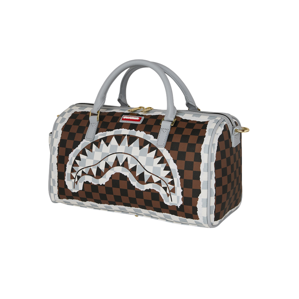 Sprayground Cream And Brown Tear Check Mini Duffle Bag