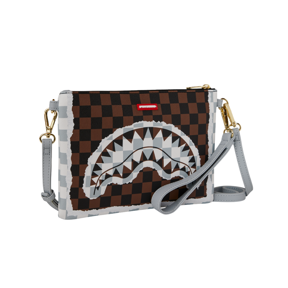 Sprayground Cream And Brown Tear Check Crossover Clutch