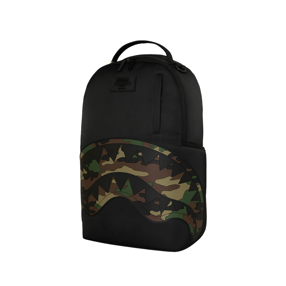 Sprayground Shark Central Black Nylon Camo Embossed Shark DLXSR Backpack
