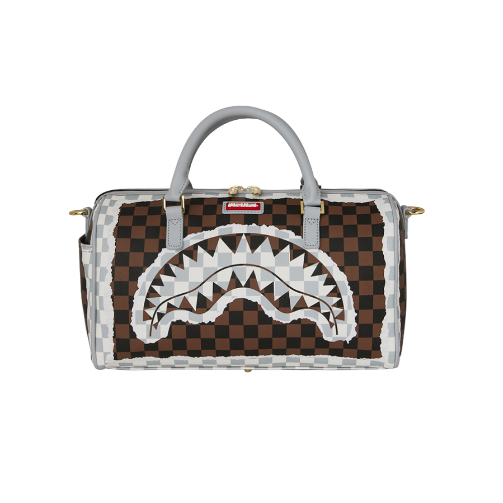 Sprayground Cream And Brown Tear Check Mini Duffle Bag